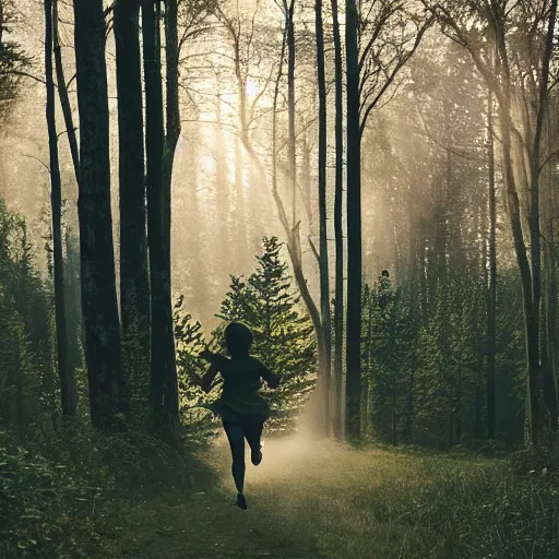 Image similar to a woman running, forest light, romanticism art style