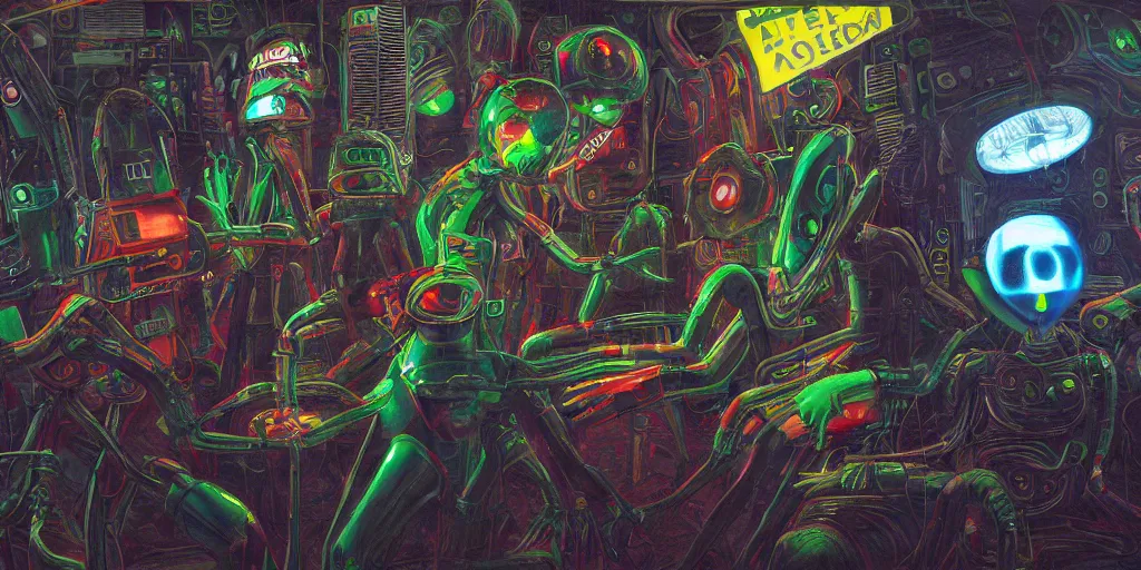 Image similar to subterranean homesick alien, radiohead robots fighting the karma police, paranoid android made of stereo components and speakers, highly stylized, ultra detailed oil painting in the style of frank miller, photorealistic illustration, octane render, 8 k resolution,