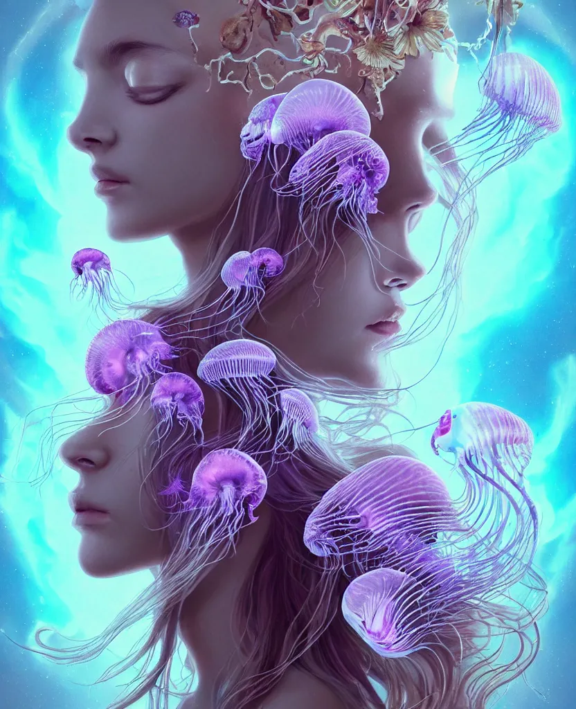 Image similar to goddess princess beautiful woman face close-up portrait ram skull. jellyfish phoenix head, nautilus, orchid, skull, betta fish, bioluminiscent creatures, intricate artwork by Tooth Wu and wlop and beeple. octane render, trending on artstation, greg rutkowski very coherent symmetrical artwork. cinematic, hyper realism, high detail, octane render, 8k