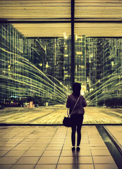 Image similar to symmetry!! a 2 8 mm photo from the back of a woman in tokyo, seen from a distance, long exposure, splash art, movie still, bokeh, canon 5 0 mm, cinematic lighting, dramatic, film, photography, golden hour, depth of field, award - winning, anamorphic lens flare, 8 k, hyper detailed, 3 5 mm film grain