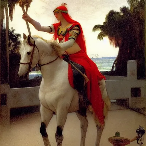 Image similar to Girl riding a horse leaving the palace through the bridge, thunderstorm, beach and palm trees on the background major arcana sky, by paul delaroche, alphonse mucha and arnold böcklin arnold böcklin hyperrealistic 8k, very detailed