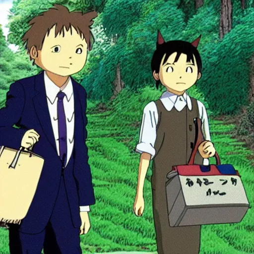 Prompt: still from studio ghibli movie My Neighbor Totoro, Hayao Miyazaki,barn owl in a black suit wearing an office bag going to the office, symetrical face