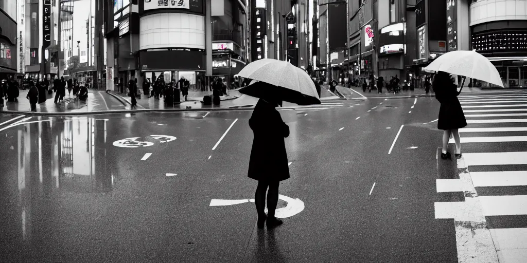 Image similar to A lonely woman with an umbrella waiting to cross Shibuyas crossing in Japan, back facing the camera, rainy afternoon, dramatic contrasting light