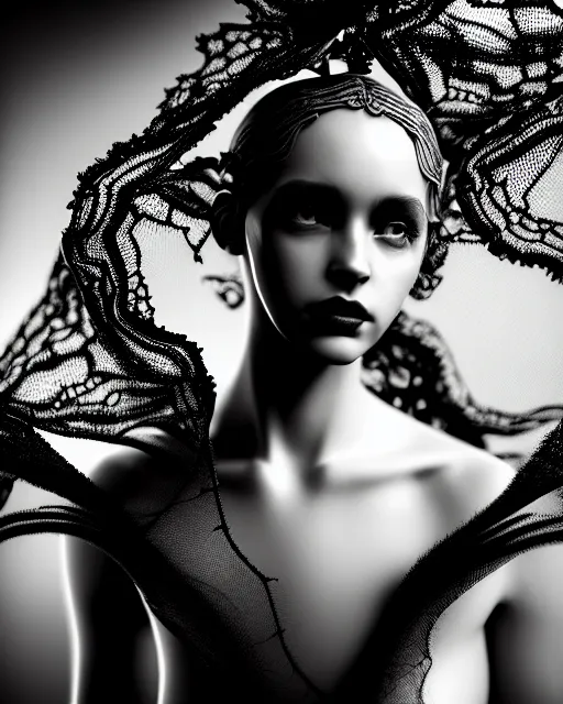 Image similar to surreal mythical dreamy dark artistic black and white fine art photo of a beautiful young female angel - mermaid - cyborg covered with translucent algae lace web, rim light, cinematic, studio dramatic light, poetic, octane render, 8 k, photo - realistic, by floria sigismondi