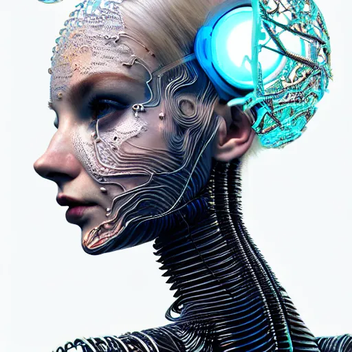 Image similar to portrait of an absurdly beautiful, graceful, sophisticated, fashionable cyberpunk mechanoid, hyperdetailed illustration by irakli nadar, matt wisniewski style, intricate linework, white porcelain skin, iridescent fractal headdress, day - glow facepaint, jellyfish led electronic ruff neckware, unreal engine 5 highly rendered, global illumination, radiant light, detailed and intricate environment