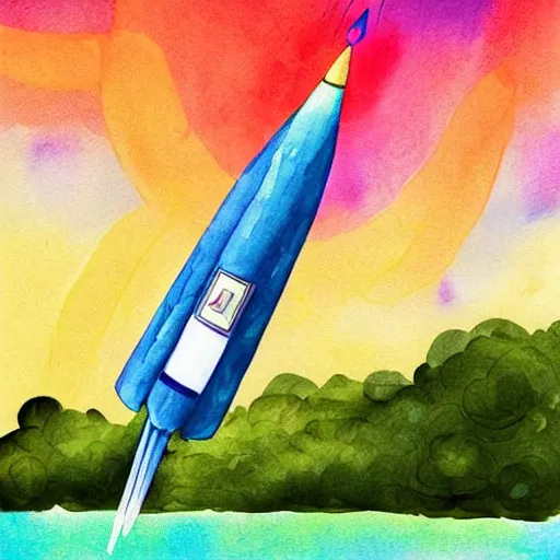 Image similar to a rocket launching into the sky, sunset, fluffy clouds, beautiful digital art, pixiv, digital watercolor painting