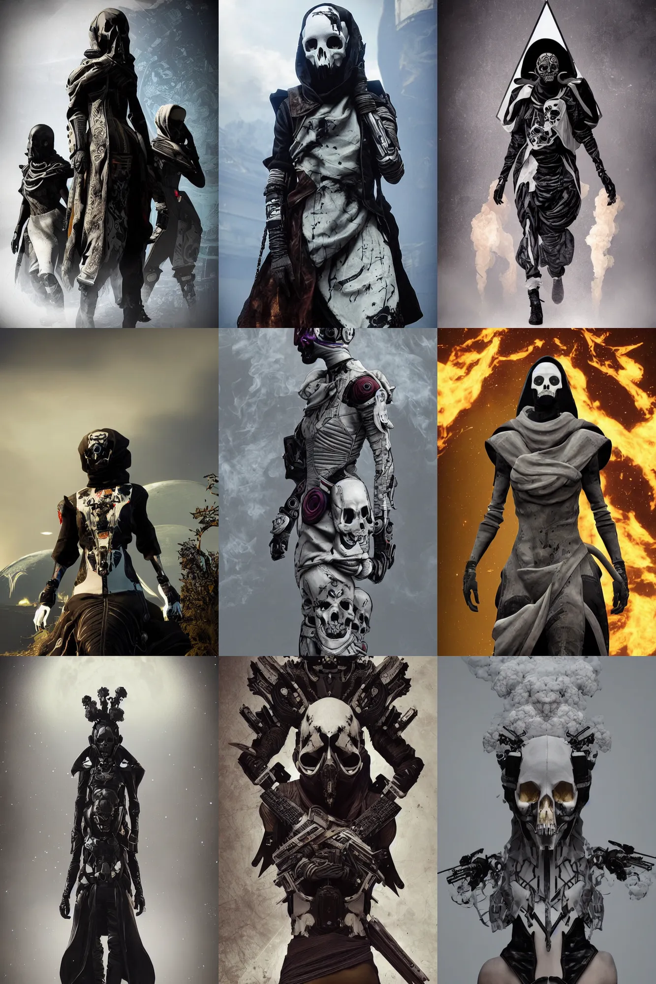 Image similar to Destiny 2 The Witness, the top of their head is becoming skulls made of smoke clouds, beautiful avant garde fashion look and clothes, we can see them from feet to head, highly detailed and intricate, hypermaximalist, techwear, luxury, elite, cinematic, designer fashion, Rick Owens, Yohji Yamamoto, Y3, ACRNYM, outfit photo, eerie fog, super villain lair interior background