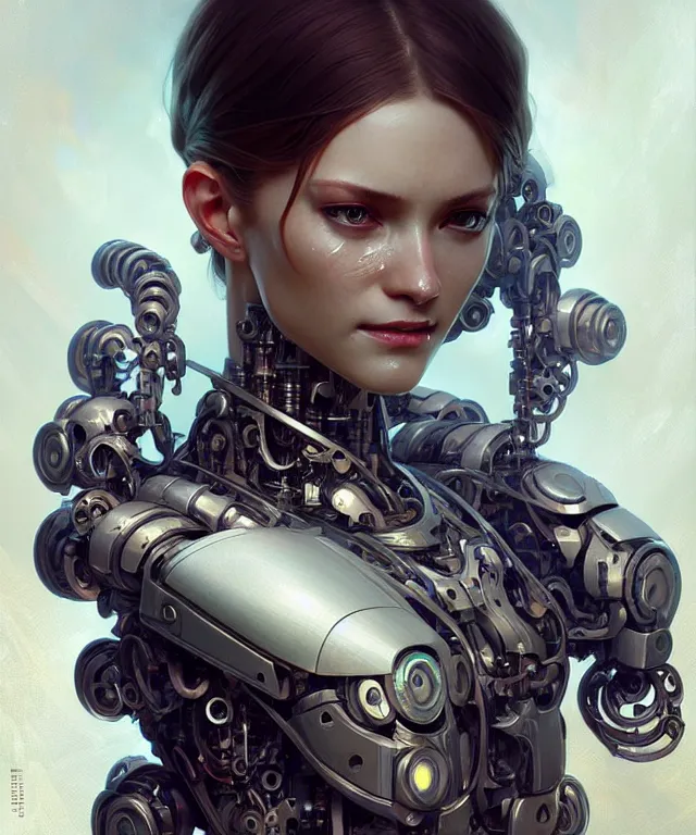 Image similar to beautiful crying! female mechanical android!, half portrait, intricate detailed environment, photorealistic!, intricate, elegant, highly detailed, digital painting, artstation, concept art, smooth, sharp focus, illustration, art by artgerm and greg rutkowski and alphonse mucha