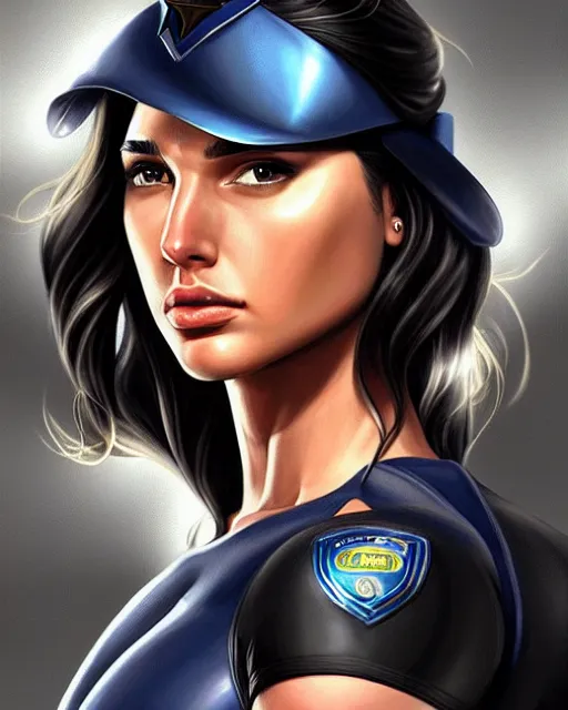 Image similar to hyper realistic painting of gal gadot in a police uniform, hyper detailed, anime, by clay mann, trending on artstation