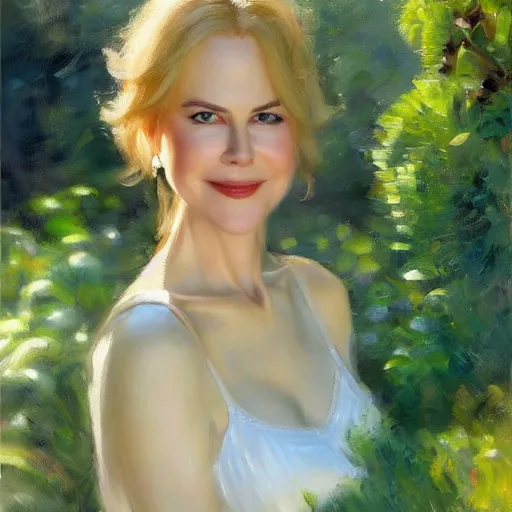 Image similar to closeup portrait of nicole kidman full figure in the garden, morning, highly detailed, ultrarealistic oil painting, vladimir volegov, artstation