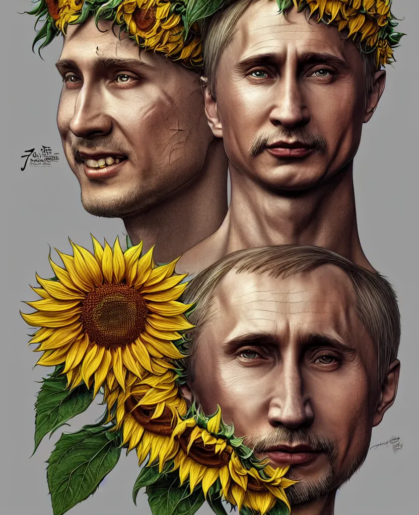 Image similar to digital art, centered full body of young any old Putin smiling king, Sunflower crown, ,intricate, veins, by James Jean and by artgerm , by ross tran ultradetailed, charachter design, concept art, trending on artstation,