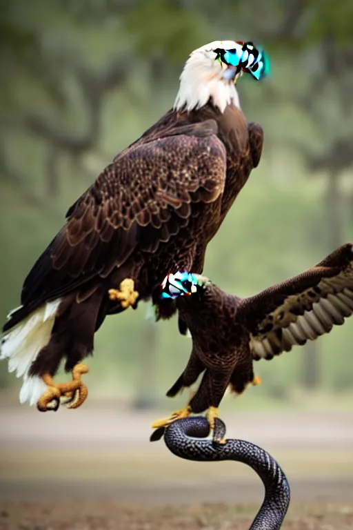 Prompt: eagle eat snake, in savannah, winning pulitzer award winning, captured by nikon d 8 5 0, bokeh, dynamic composition, and daniel berehulak and adnan abidi and preston gannaway, matt rainey, stephanie welsh, kyochi sawada