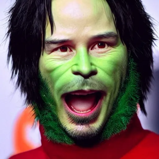 Image similar to keanu reeves cosplaying as the grinch, keanu reeves wearing a grinch costume, cosplay award winner