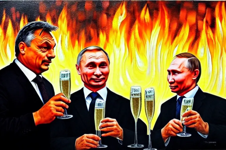 Image similar to viktor orban drinking champagne with putin in front a burning city, highly detailed eyes, oil painting