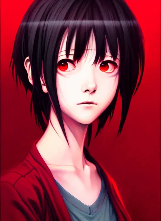 Prompt: a beautiful portrait painting with a dark red background of lain from serial experiments : lain. character design by shinji aramaki, charlie bowater, ross tran, artgerm, and makoto shinkai