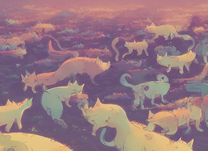 Prompt: concept art of a field of millions of kittens, cel shaded, in the style of makoto shinkai and moebius and peter mohrbacher and anton fadeev