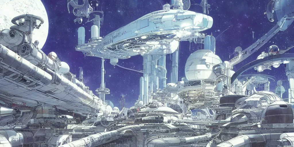 Prompt: spaceship factory, art by makoto shinkai and alan bean, yukito kishiro