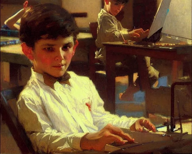 Image similar to boy playing computer games, painting by gaston bussiere, craig mullins, j. c. leyendecker