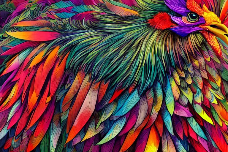 Image similar to illustration of an ominous rooster with feathers of many colors, by feifei ruan and javier medellin puyou and tim lord, lively colors, portrait, sharp focus, colored feathers, jungle