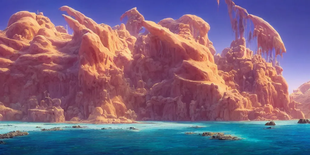 Prompt: fantasy desert crystal island, covered in salt, viewed from the ocean, extremely detailed oil painting, unreal 5 render, rhads, Bruce Pennington, Studio Ghibli, tim hildebrandt, digital art, octane render, beautiful composition, trending on artstation, award-winning photograph, masterpiece