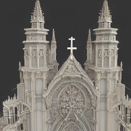 Prompt: a hyperrealistic 3 d render of a delicate ivory sculpture of an ornate detailed cathedral populated by mandelbrot fractals, micro detail, unreal engine, backlit lighting, octane renderer, catholicpunk, glowing, photorealistic, physically based rendering, carved soap, trending on cgsociety