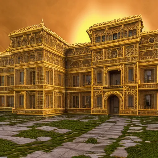 Image similar to photorealistic palace made of honeycomb. hyperdetailed photorealism, 1 0 8 megapixels, amazing depth, high resolution, 3 d shading, 3 d finalrender, 3 d cinematic lighting, glowing rich color, artstation concept art.