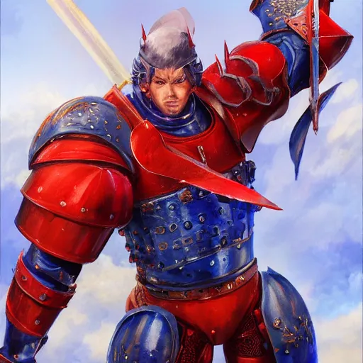 Image similar to Anime Strongman with the power to level up, a blue and red dagger, fighting a knight in red armor, detailed, centered, digital painting, artstation, concept art, donato giancola, Joseph Christian Leyendecker, WLOP, Boris Vallejo, Breathtaking, 8k resolution, extremely detailed, beautiful, establishing shot, artistic, hyperrealistic, beautiful face, octane render, cinematic lighting, dramatic lighting, masterpiece