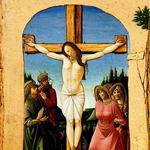 Prompt: a detailed renaissance painting of a woman being crucified on a cross like Christ in the style of Botticelli