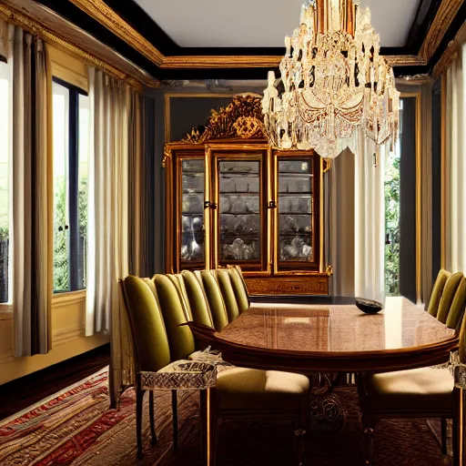 Prompt: Dining room, luxury, Victorian, artgerm, 35mm photography, hyper realistic, 8K, cool lighting, sleek, bed, cabinet furniture, large windows to forest at night