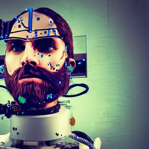 Image similar to Beautiful Photo of Arduino Uno in the robot's head. beard man. Cyberpunk. splatterpunk. 4K