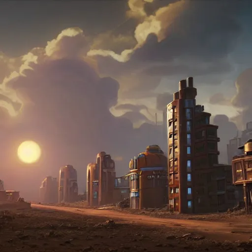 Image similar to Steampunk buildings with the sun shining through the clouds in wasteland by Simon Stålenhag and Grant Wood,In style of Retro Futurism Art.hyper detailed,8K Resolution,unreal engine 5,epic lighting,Ray Tracing,highly realistic