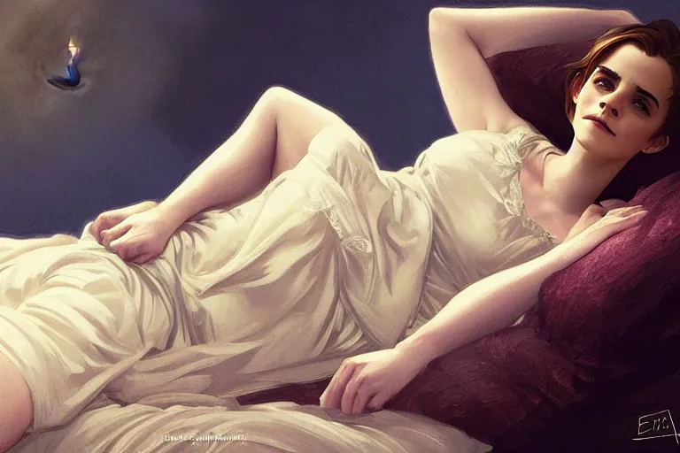 Image similar to Emma Watson lying on the bed in sleepwear, very beautiful, night time, candle light, intricate, elegant, highly detailed, digital painting, artstation, concept art, matte, sharp focus, illustration, hearthstone, art by Artgerm and Greg Rutkowski and Alphonse Mucha