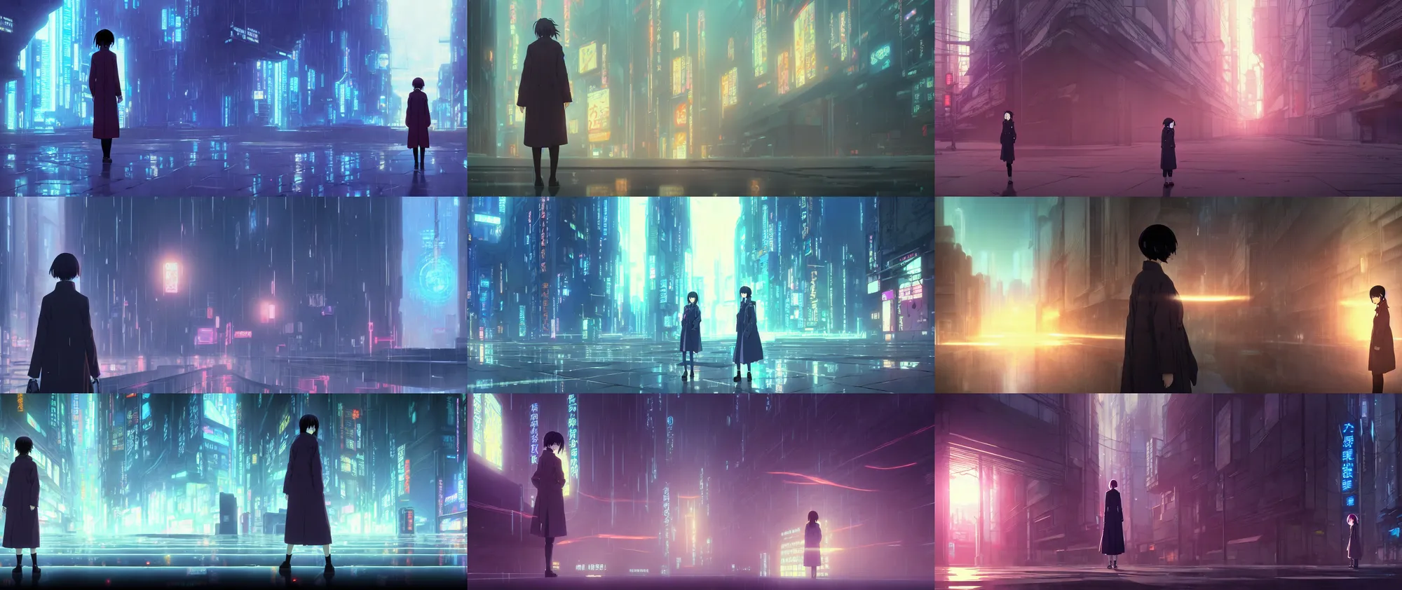 Prompt: a high definition screenshot from the haunting and strange ( ( ( cyberpunk ) ) ) anime anime anime film ; a lone lone single female detective wearing a trenchcoat investigates a strange and ethereal dreamscape, digital painting by ( ( makoto shinkai ) ), moebius moebius, surrealism, trending on artstation