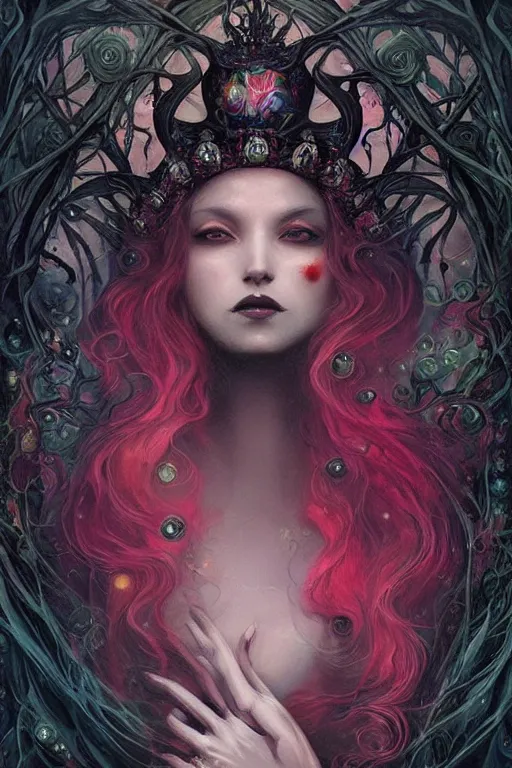 Image similar to jeweled Crown, other worldly, dark fae court, black roses, long black hair, black eyes, vivid colors, art nouveau, by Anato Finnstark, Tom Bagshaw, Brom