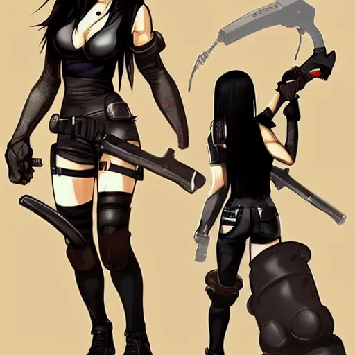 Image similar to concept art of tifa lockhart holding unusual weapon, showing face and body, trending on artstation