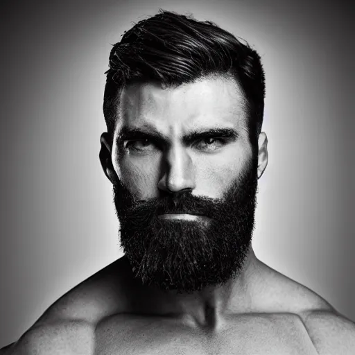 Prompt: “ a muscular man with an extremely chiseled jaw and dark beard, hair styled backwards, confident looking, black and white photo, softbox studio lighting ”