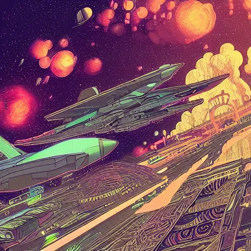 Image similar to alien fighter jets death cityscape Digital Matte Illustration, pastiche by Dan Mumford, pastiche by Louis Comfort Tiffany, pastiche by Victo Ngai, Precise and Intricate Linework, Art Nouveau Cosmic Nebula 4k Detailed Matte Illustration trending on ArtStation ,CGSociety