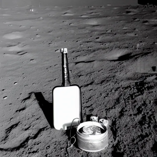 Image similar to photo of an idle electric guitar and a beer can sitting on the moon surface. atompunk