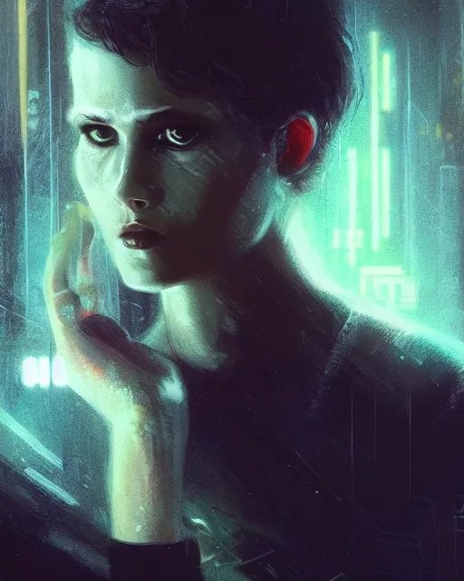 Prompt: a stunning close - up portrait of replicant rachael from blade runner, foggy background, digital art by ross tran and dan mumford, highly detailed, octane render