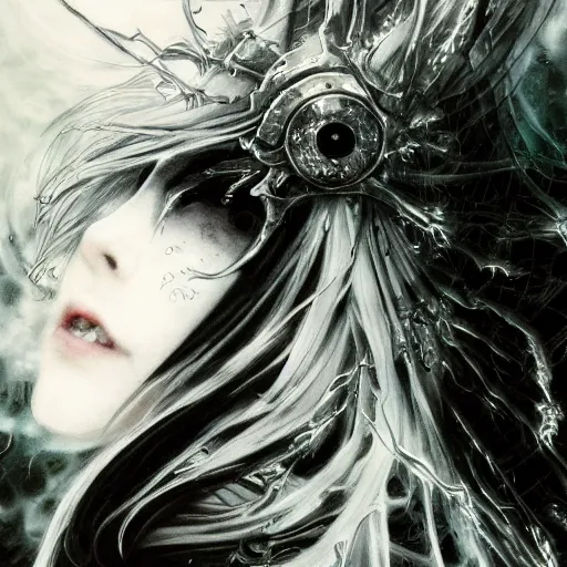 Image similar to Yoshitaka Amano blurred and dreamy illustration of an anime girl with pirate eye patch, wavy white hair and cracks on her face wearing Elden ring armour with the cape fluttering in the wind, abstract black and white patterns on the background, noisy film grain effect, highly detailed, Renaissance oil painting, weird portrait angle