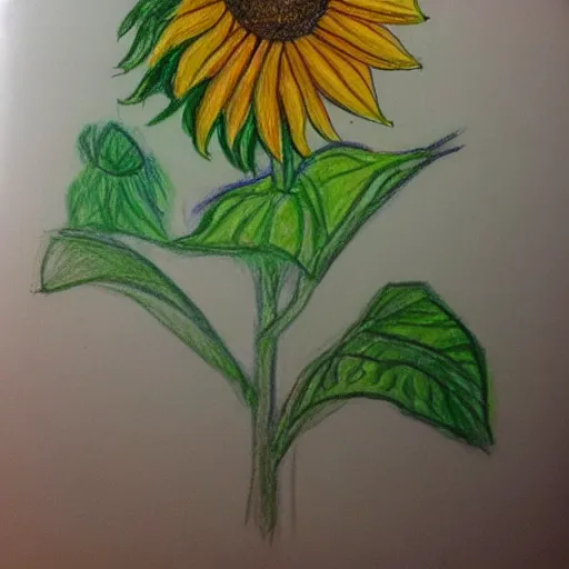 Image similar to crayon drawing of a sunflower, drawn by a 6 year old, photorealistic