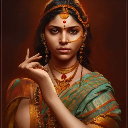 Image similar to south indian woman, sari, ultra realistic, concept art, intricate details, eerie, horror, highly detailed, photorealistic, octane render, 8 k, unreal engine. art by artgerm and greg rutkowski and alphonse mucha