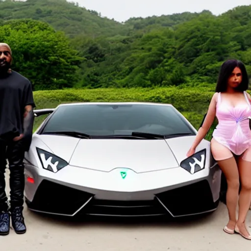 Image similar to kanye west and an anime girl driving a lamborghini