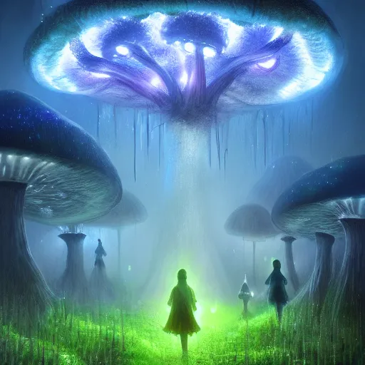 Image similar to eerie glowing mushroom forest with fairies, raining, fantasy landscape, 8k, ultra detailed, concept art, trending on artstation