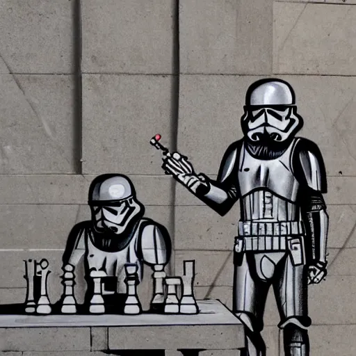 Prompt: An Imperial Stormtrooper playing chess and losing in a temple, Grafitti art