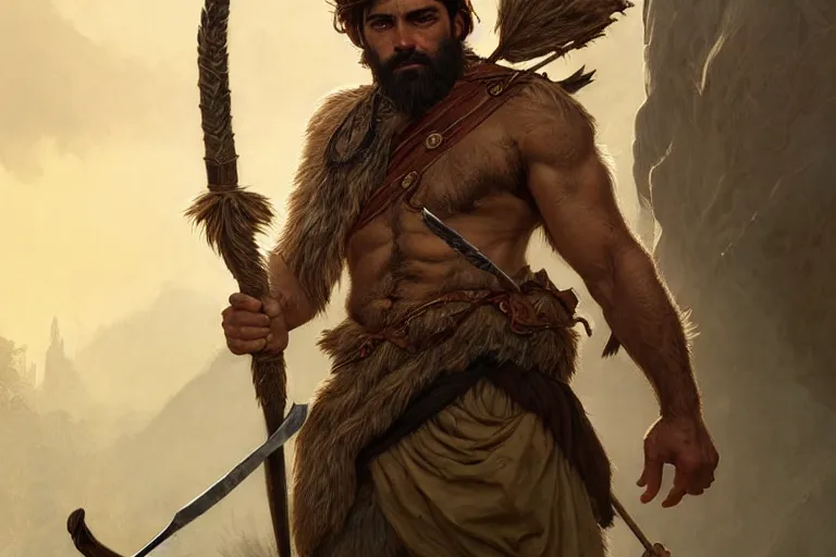 Image similar to full body portrait of a gruff ranger with a spear, lean and toned, handsome face, hairy chest and hairy body, D&D, intricate, elegant, highly detailed, digital painting, artstation, concept art, matte, sharp focus, illustration, art by Artgerm and Greg Rutkowski and Alphonse Mucha