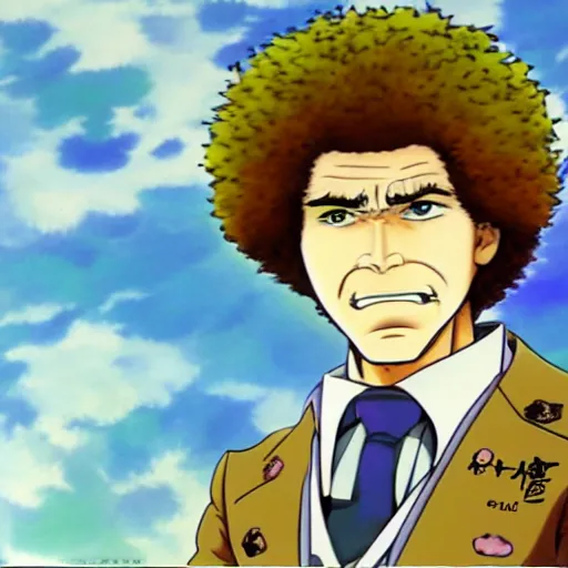 Prompt: Bob Ross in jojo bizarre adventure, anime, Araki style