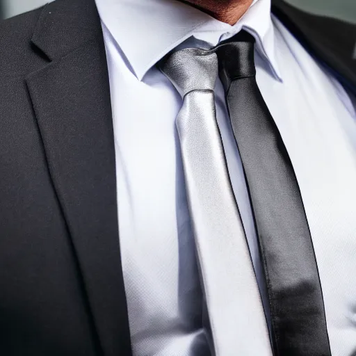 Image similar to full shot photograph of a black suit with a black shirt and silver tie, silver tie, with a silver tie and black shirt photorealistic photograph cinematic lighting intricate detailed 8 k resolution