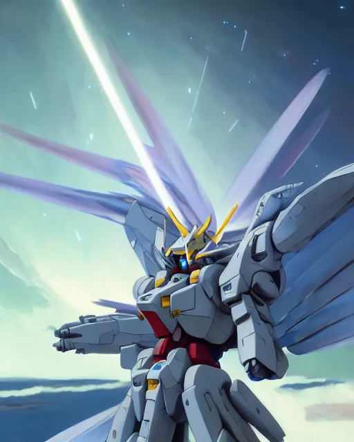 Image similar to highly detailed vfx portrait of an angelic gundam with wings of feathers beam saber fighting in space with a beam gun, unreal engine, greg rutkowski, loish, rhads, beeple, makoto shinkai and lois van baarle, ilya kuvshinov, rossdraws, tom bagshaw, alphonse mucha, global illumination, detailed and intricate environment