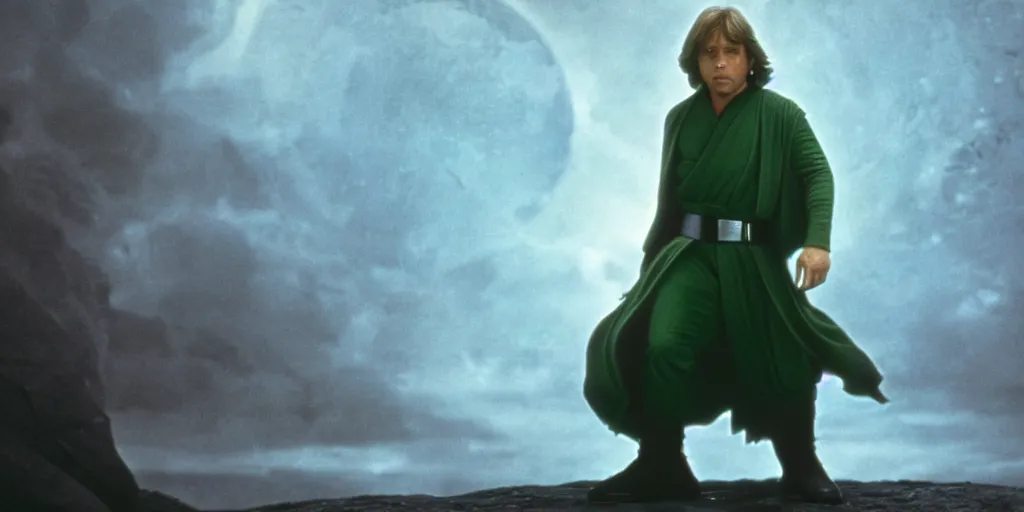 Image similar to Luke Skywalker Return of the jedi played by Mark Hamill 1983, standing alone, full body shot, motion blur, sequel trilogy 80s, green lightsaber, heroic pose, ultra realistic, 4K, movie still, UHD, sharp, detailed, cinematic, render, modern